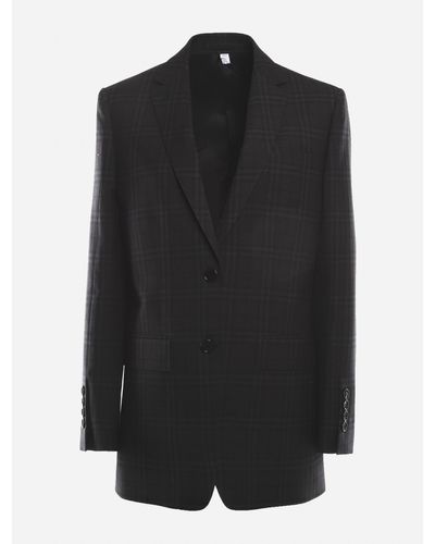Burberry Wool Jacket With All-Over Check Pattern - Black