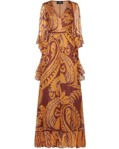 Etro Print Silk Long Dress - Brown