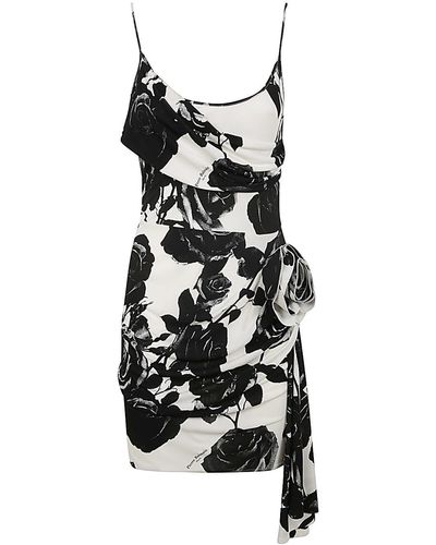 Balmain Thin Strap Rose Print Draped Short Dress - Black