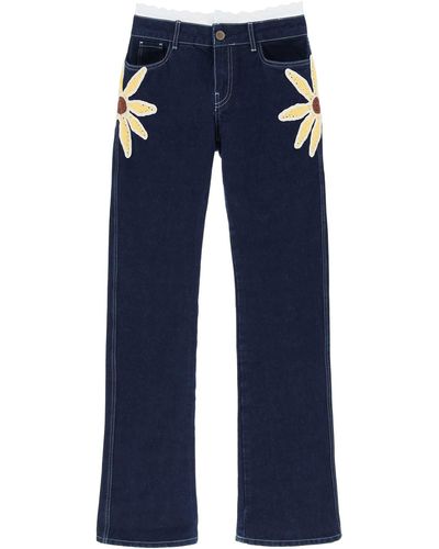 Siedres Low Rise Jeans With Crochet Flowers - Blue