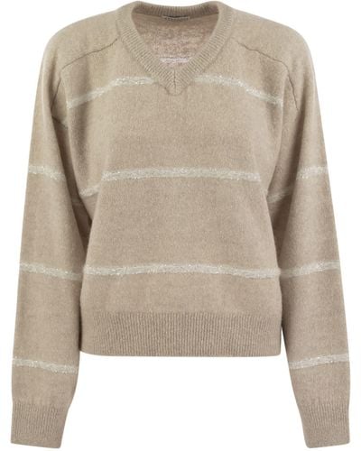 Brunello Cucinelli Alpaca, Cotton And Wool Sweater With Sequins - Natural