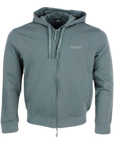 Armani Long-Sleeved Full Zip Drawstring Hoodie With Small Logo On The Chest - Blue