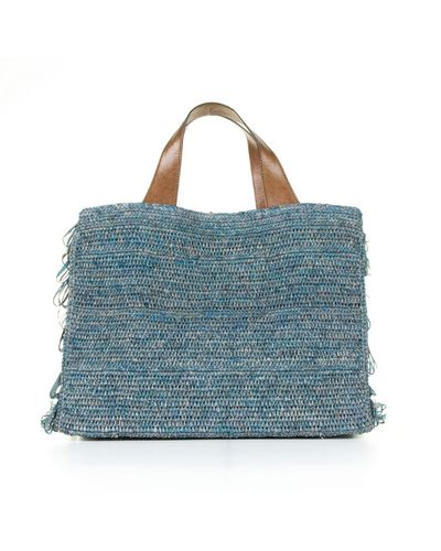 IBELIV Onja Medium Double Handle Bag With Fringes - Blue