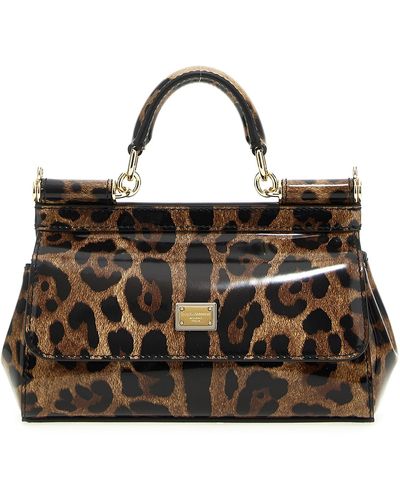Dolce & Gabbana Small Sicily Bag In Shiny Leopard Print Leather - Brown