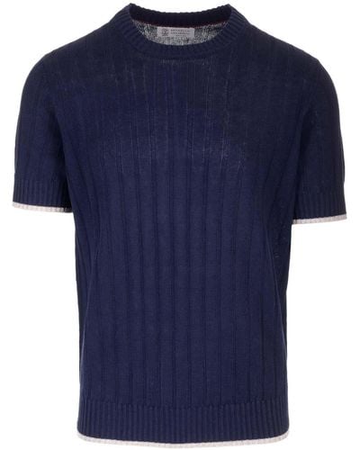 Brunello Cucinelli Linen And Cotton Short Sleeves Sweater - Blue