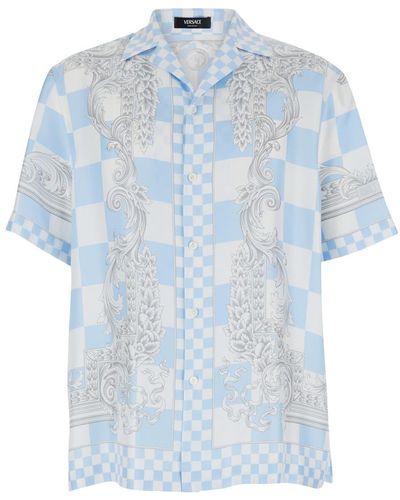 Versace Light Bowling Shirt With Barocco Print - Blue