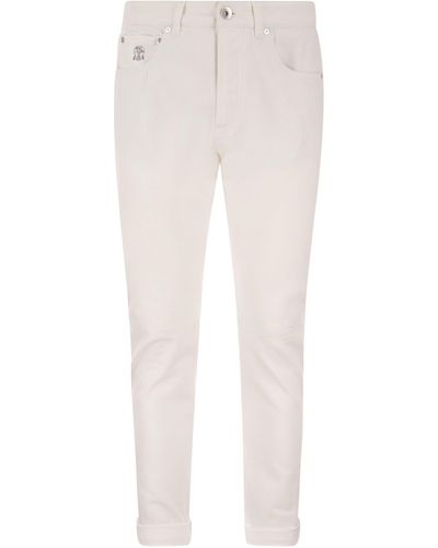 Brunello Cucinelli Garment-dyed Traditional Fit Five-pocket Pants In Slubbed Cotton Denim - White
