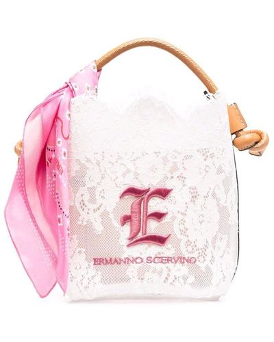 Ermanno Scervino Small White Lovelace Bucket Bag With Fuchsia Foulard - Multicolour