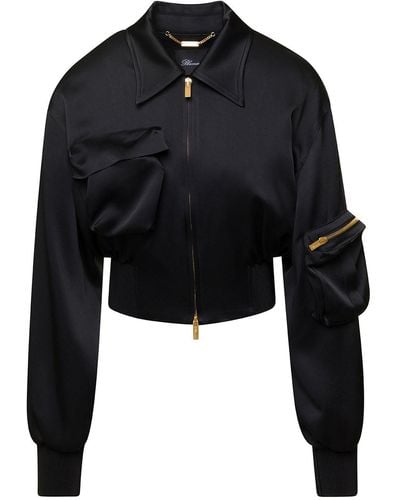 Blumarine Cropped Jacket With Macro Patch Pockets In Satin - Black
