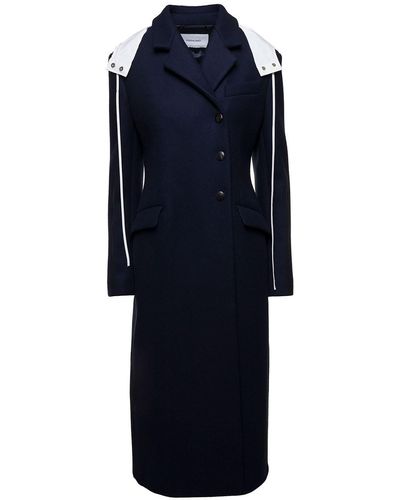 Ferragamo Long Blue Coat With Contrasting Detachable Hood In Wool Woman