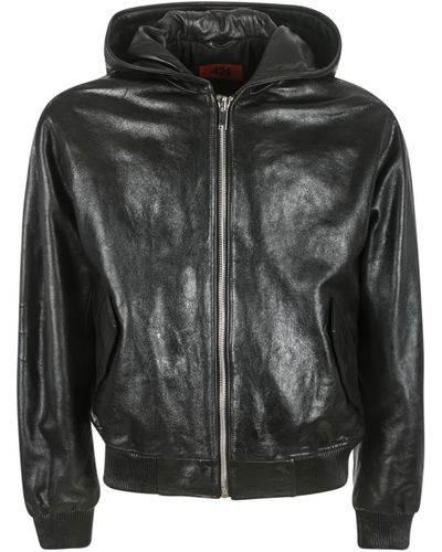 Fourtwofour On Fairfax Shiny Hooded Zipped Leather Jacket - Black