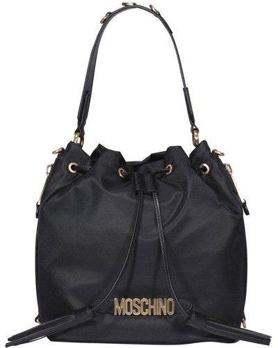 Moschino Logo Plaque Tassel Detailed Bucket Bag - Black