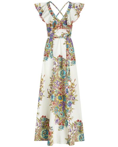 Etro Long Dress With Bouquet Print - Metallic