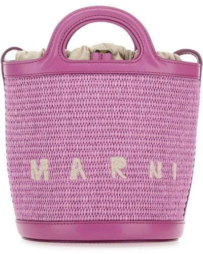 Marni Lilac Leather And Raffia Tropicalia Bucket Bag - Pink