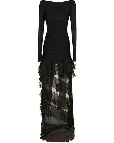 Blumarine Asymmetric Lace Ruched Panelled Dress - Black