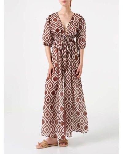 Mc2 Saint Barth Cotton And Silk Long Beach Dress Bliss With Ikat Print - Brown