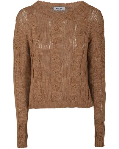 Base London Rib Trim Woven Plain Sweater - Brown