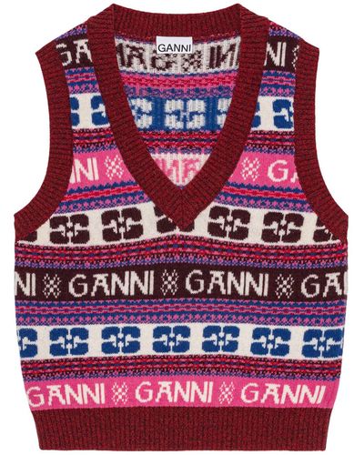 Ganni Knit Vest With Logo Motif - Red