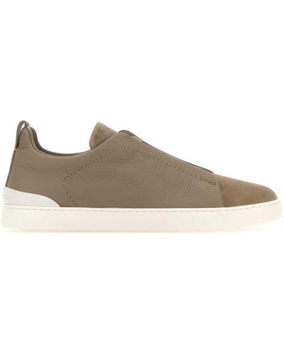 Zegna Leather Triple Stitch Slip Ons - Brown