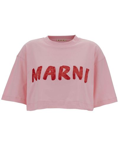 Marni Pink Cropped T-shirt With Logo Print In Cotton Woman