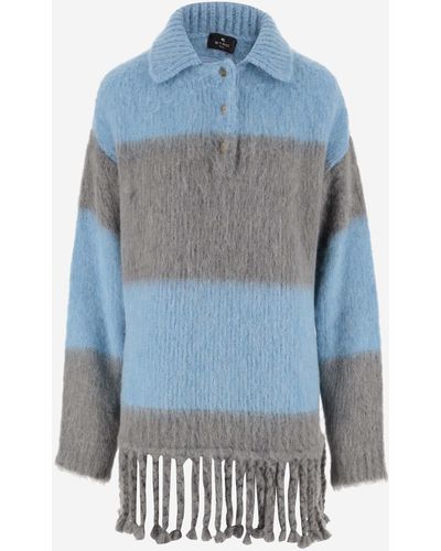 Etro Fringed Striped Long Sweater - Blue