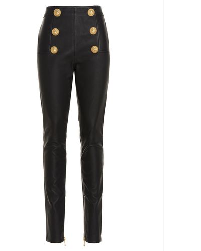 Balmain Logo Button Leather Trousers - Black