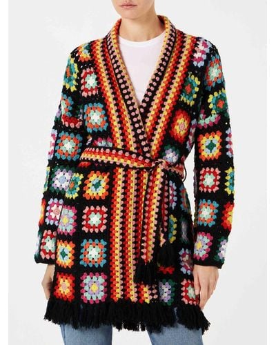 Mc2 Saint Barth Multicolour Crochet Coat With Belt - Black
