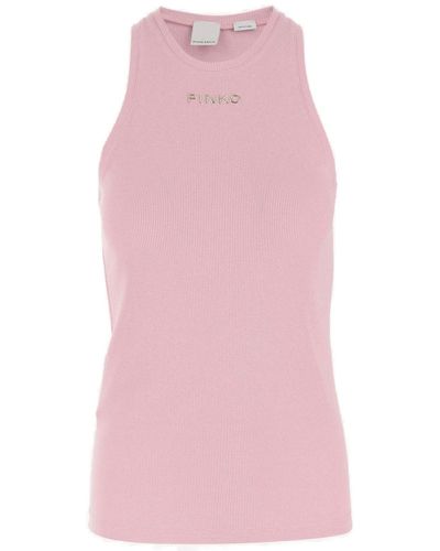 Pinko Stretch Cotton Tank Top With Logo - Pink