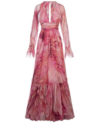 Roberto Cavalli Long Dress With Pink Plumage Print