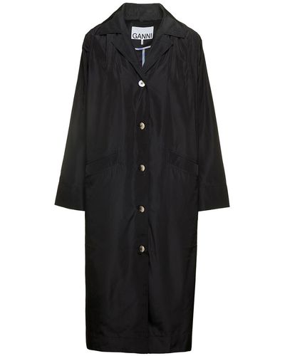 Ganni 'summer' Long Black Single-breasted Trench Coat With Buttons And Patch Pockets In Recycled Tech Fabric Woman