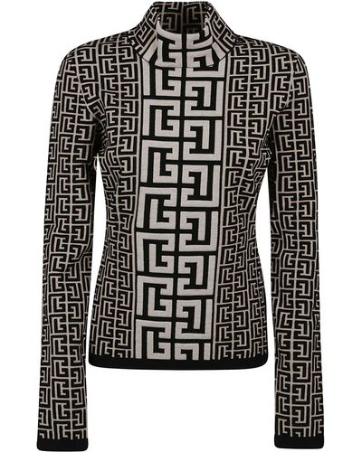 Balmain Monogram Mohair High Neck Sweater Ivoire & Noir