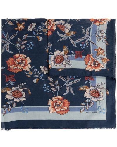 Etro Floral-Printed Frayed Edge Scarf - Blue