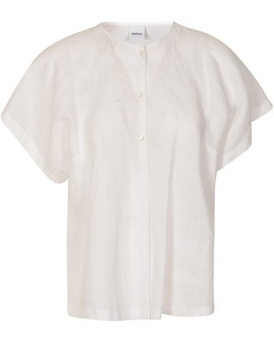 Aspesi Band Collar Plain Short-Sleeved Shirt - White