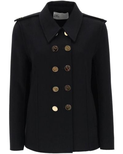 Tory Burch Double Breasted Wool Peacoat - Black
