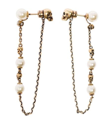 Alexander McQueen Antique-Finished Drop Chain Earring With Skulls And Pearls - White