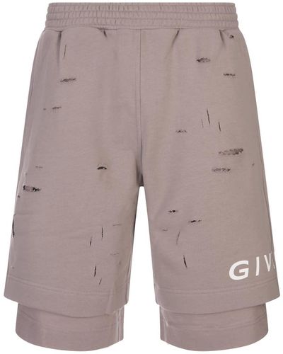 Givenchy Taupe Destroyed Track Bermuda Shorts With Logo - Grey