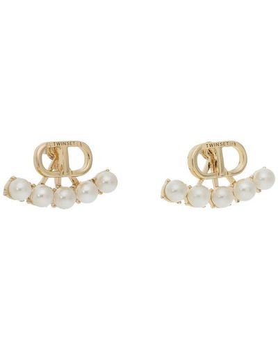 Twin Set Earrings With Oval T And Pearls - Metallic