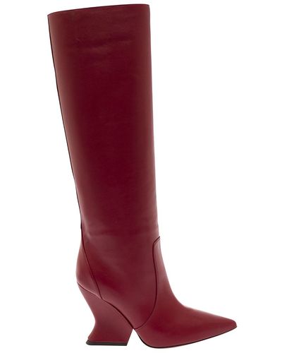 Alberta Ferretti Red Pull-on High-boots With Sculpted Heel In Smooth Leather