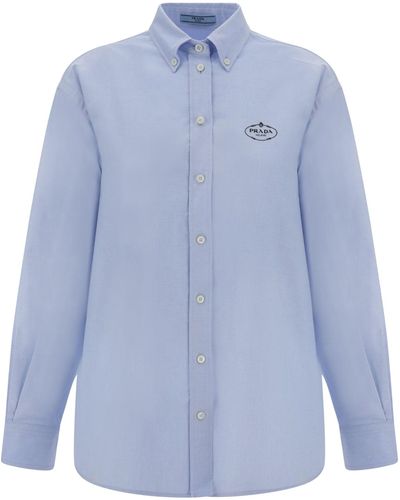 Prada Ricamo Brand-embroidered Regular-fit Cotton Oxford Shirt - Blue