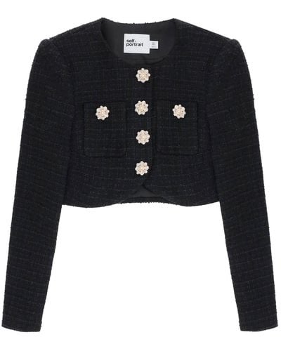 Self-Portrait Self Portrait Tweed Cropped Jacket With Diamanté Buttons - Black