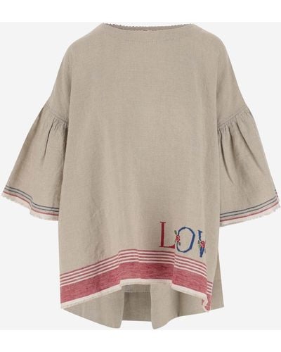Péro Oversized Linen Blouse With Embroidery - Natural
