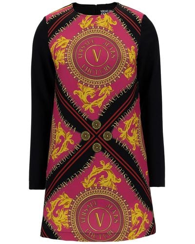 Versace Jeans Couture Mini Multicolour Dress With Graphic Print At The Front In Stretch Fabric - Black