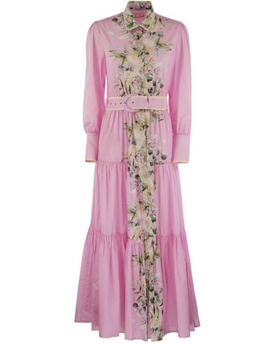Mc2 Saint Barth Long Cotton Dress With Floral Pattern - Pink