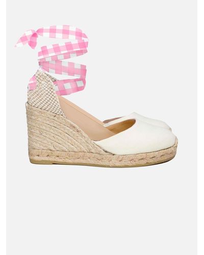 Mc2 Saint Barth Natural Print Canvas Espadrillas With Hight Wedge And Ankle Lace - Pink