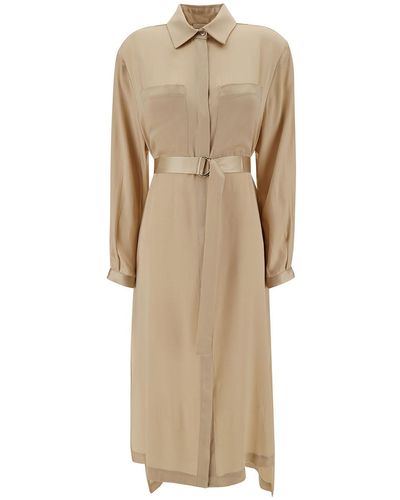 Semicouture Philipa Long Champagne Chemisier Dress With Belt - Natural