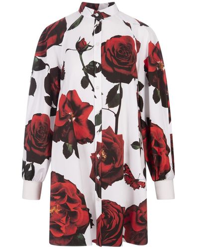 Alexander McQueen Short Shirt Dress With Tudor Rose Print - Red
