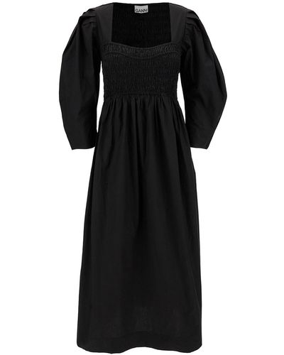 Ganni Black Maxi Dress With Balloon Sleeves In Cotton Woman