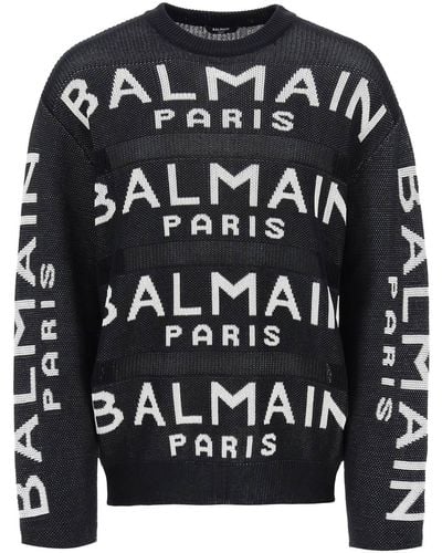 Balmain Cotton Pullover With All-over Logo - Black