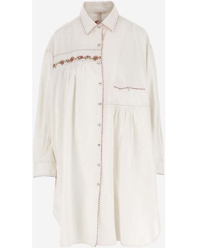 Péro Long Cotton Shirt With Floral Embroidery - Natural
