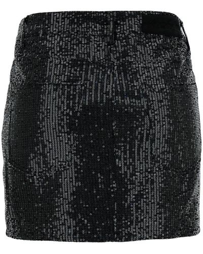 ROTATE BIRGER CHRISTENSEN Black Mini-skirt With All-over Paillettes And Logo Patch In Cotton Woman